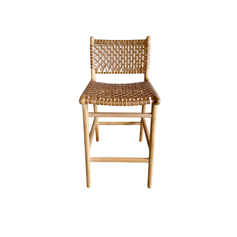 HELLO LEATHER + TEAK STOOL - THIN WEBBING WITH BACK | TAN