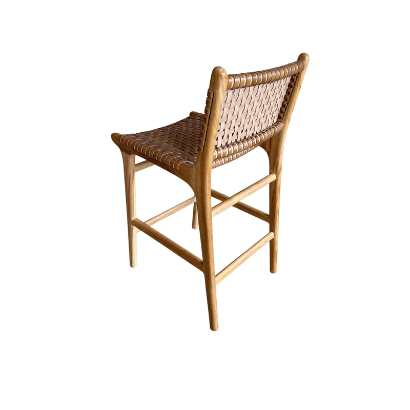 HELLO LEATHER + TEAK STOOL - THIN WEBBING WITH BACK | TAN