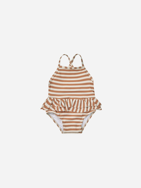 QUINCY MAE | RUFFLED ONE - PIECE SWIMSUIT | CLAY STRIPE