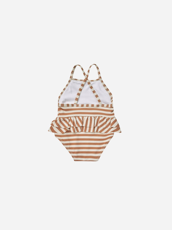 QUINCY MAE | RUFFLED ONE - PIECE SWIMSUIT | CLAY STRIPE