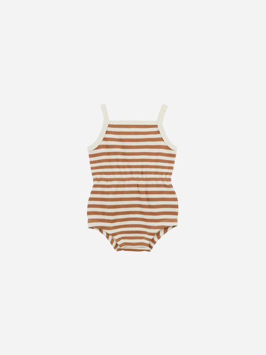 QUINCY MAE | WAFFLE CINCH ROMPER | CLAY STRIPE