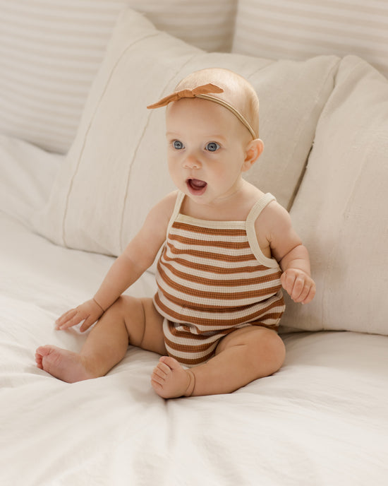 QUINCY MAE | WAFFLE CINCH ROMPER | CLAY STRIPE