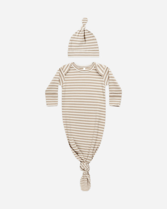 QUINCY MAE | KNOTTED BABY GOWN & HAT | LATTE STRIPE