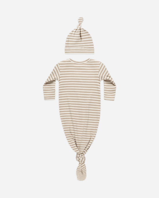 QUINCY MAE | KNOTTED BABY GOWN & HAT | LATTE STRIPE