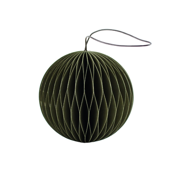 OLIVE GREEN PAPER SPHERE ORNAMENT 8.5CM