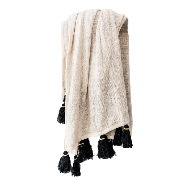 COTTON TASSEL THROW | BLACK