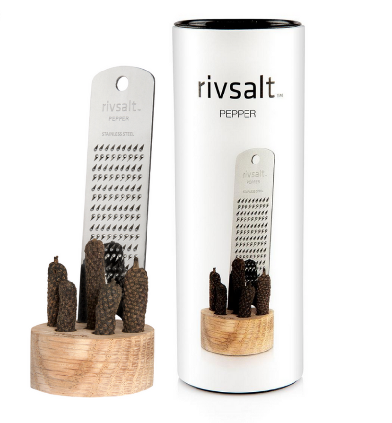 RIVSALT PEPPER - JAVAN LONG PEPPERCORNS WITH STAINLESS STEEL GRATER AND OAK STAND